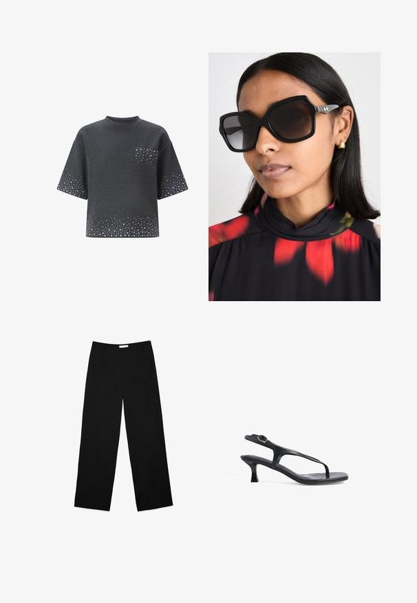 Tmavosivá krátkoprstová košeľa s okrúhlym výstrihom, prednou vreckovou kapsou a rozptýleným svetlošedým bodkovaným vzorom na rukávoch, vrecku a leme.; Široké nohavice z čierneho materiálu, s hladkým povrchom, čistým dizajnom a diskrétnym bočným zipsom na zapínanie.; Čierne kožené sandále s elegantným dizajnom, tenkými popruhmi a nízkym podpätkom. Obsahujú kovovú sponu a hladký, textúrovaný stielku.; Čierne oversize slnečné okuliare s geometrickým rámom, tmavo zatienenými šošovkami a zlatými akcentmi, nosené s kvetinovým vzorom a vysokým golierom.