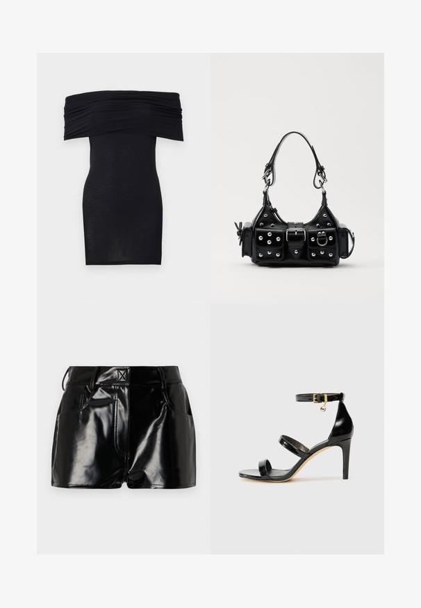 Abito nero scollato spalla a spalla con scollatura arricciata, vestibilità slim e texture liscia. Design minimalista, lunghezza al ginocchio senza ulteriori adornamenti.; Shorts neri e lucidi realizzati in materiale sintetico. Presentano una vita aderente, passanti per la cintura e tasche frontali con evidenti dettagli di cucitura.; Sandalo in pelle verniciata nera con tre cinturini, fibbia alla caviglia e tacco a stiletto di 10 cm. Presenta dettagli in hardware dorato e un charm con logo.; Borsa a mano in pelle nera con design curvo, caratterizzata da borchie argentate, una fibbia e due tasche laterali. Tracolla regolabile per diverse opzioni di trasporto.