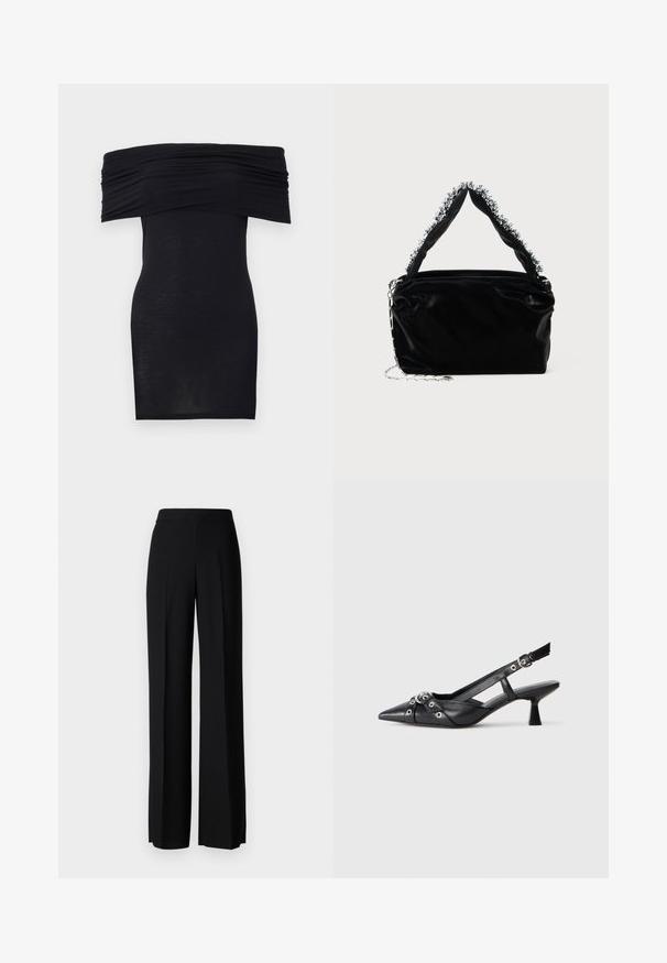 Schwarzes schulterfreies Kleid mit gerafftem Ausschnitt, schmaler Passform und glatter Textur. Minimalistisches Design, knielang ohne zusätzliche Verzierungen.; Schwarze weite Hosen mit einer glatten Textur, ausgestattet mit einem hohen Bund und mittleren Falten. Keine sichtbaren Muster oder Hardware-Details.; Schwarzer Leder-Slingback-Schuh mit spitz zulaufender Zehenpartie, dekorativen Riemen mit METALLÖSEN und niedrigem Blockabsatz. Strukturelle Oberfläche.; Schwarze Handtasche aus Kunstleder mit strukturiertem Finish, ausgestattet mit einem mit Perlen verzierten silbernen Akzent am oberen Griff und einem Kettenriemen.