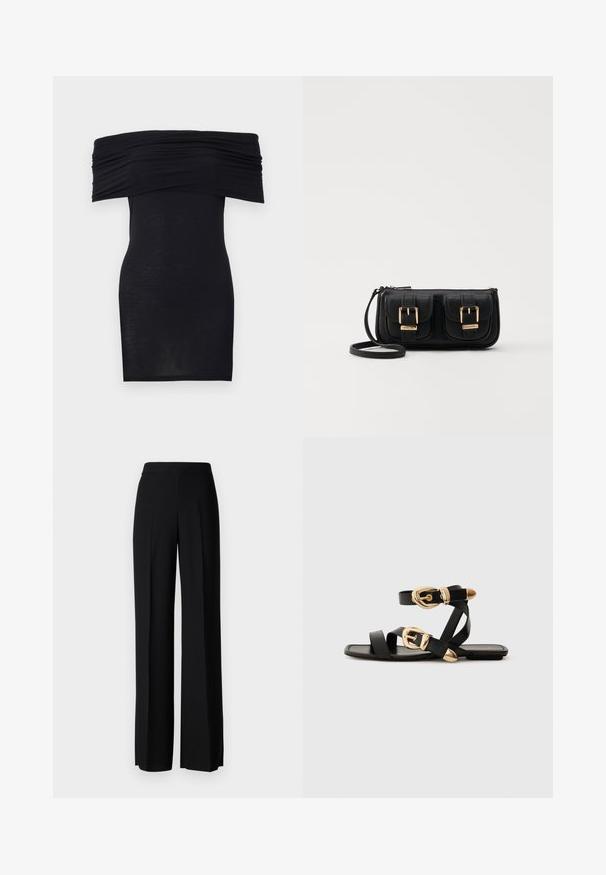 Black off-the-shoulder dress with gathered neckline, slim fit, and smooth texture. Minimalist design, knee-length with no additional embellishments.; Black wide-leg trousers with a smooth texture, featuring a high waistband and center pleats. No visible patterns or hardware details.; Black leather sandals with gold buckle accents, featuring multiple straps and a flat sole design for open-toe wear.; Black leather crossbody bag with two front pockets, gold buckles, zipper closure, and a slim strap. Textured surface and compact rectangular shape.