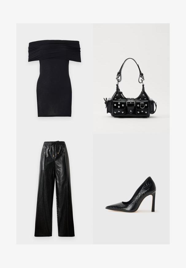 Fekete, vállnélküli ruha, fodros dekoltázzsal, karcsú fazonnal és sima textúrával. Minimalista dizájn, térd hosszúságú, díszítések nélkül.; Fekete bőrből készült, bő szárú nadrág rugalmas derékkal, húzózsinórral és arany színű fém részletekkel. Simább textúrájú és laza fazonú.; Fekete hegyes orrú magassarkú cipő krokodilbőr textúrával, letisztult dizájnnal, magas tűsarkú és sima fekete belső résszel.; Fekete bőr kézitáska ívelt designnal, ezüst szegecsekkel, csattal és két oldalsó zsebbel. Állítható vállpánt a hordozási lehetőségekhez.