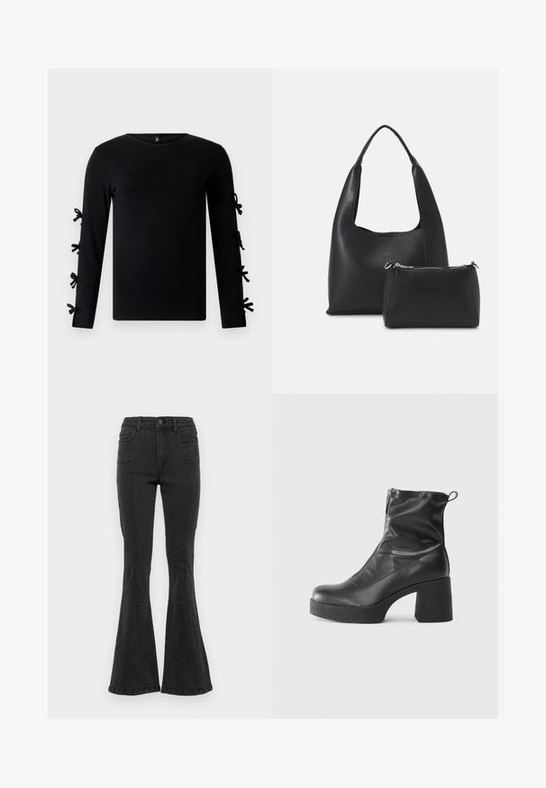 Camisa preta de mangas compridas com decote redondo e detalhes em laço decorativos nas mangas. Feita de um tecido suave e elástico.; Calças de ganga flared pretas com cintura alta, apresentando costuras laterais e um acabamento limpo na bainha. O tecido tem uma textura suave com ligeira elasticidade.; Botas de tornozelo pretas feitas de couro liso, com fecho lateral, salto grosso texturizado e design de bico arredondado.; Even&Odd Mala de mão - black