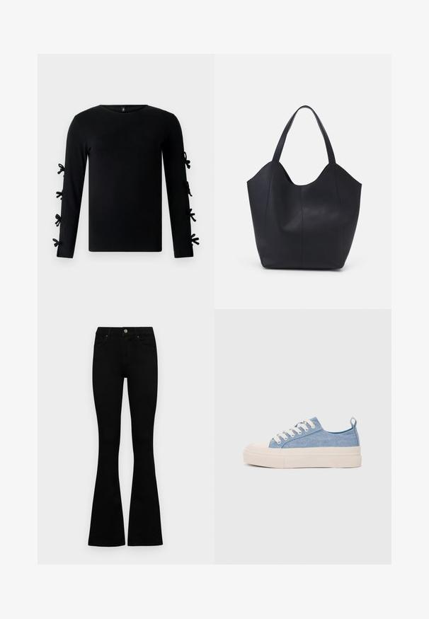 Black long-sleeve shirt with a round neckline and decorative bow accents on the sleeves. Made from a soft, stretchy fabric.; Black high-waist jeans with a button and zip closure, front pockets, and flared legs laid flat on a white background.; Light blue canvas sneakers with a cream rubber toe cap and outsole, featuring white laces and a pull tab on the heel.; Black tote bag made of smooth leather, featuring a curved, open top with two shoulder straps and a minimalist design.