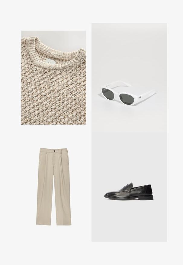 Helle beige Strickpullover mit einem strukturierten, gewebten Muster und einem gerippten Rundhalsausschnitt. Das Baumwollgemisch sorgt für Komfort und Atmungsaktivität.; Beige Hosen mit geradem Schnitt, ausgestattet mit einem einzelnen schwarzen Knopf, Gürtelschlaufen und Seitentaschen. Glatte Stofftextur und minimalistisches Design.; Schwarze Leder-Herrenschu loafer mit niedrigem Absatz und einem horizontalen Riemen-Detail oben, seitlich auf einem weißen Hintergrund gezeigt.; Weiße Sonnenbrille mit runden Rahmen und dunklen Gläsern. Verfügt über eine glatte Plastikoberfläche und ein kleines Logo an der Schläfe.