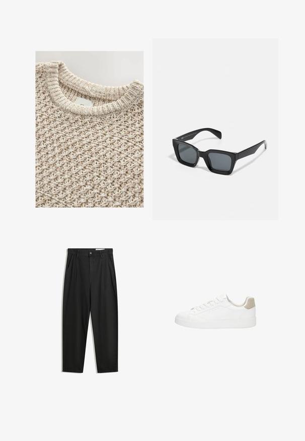 Maglione lavorato a maglia di un delicato beige, caratterizzato da un motivo intrecciato testurizzato e un colletto girocollo a coste. Il materiale misto cotone garantisce comfort e traspirabilità.; Pantaloni in cotone neri con una vestibilità rilassata, dotati di una vita classica, pieghe frontali e tasche laterali. Tessuto liscio senza fantasie.; Sneakers bianchi con tomaia in pelle liscia e punta rotonda. Presentano un cappuccio sul tallone in suede beige, lacci piatti e una suola in gomma bianca.; Occhiali da sole neri rettangolari con lenti scure. Montatura in plastica con una finitura lucida, caratterizzati da un ponte ampio e braccia leggermente affusolate.