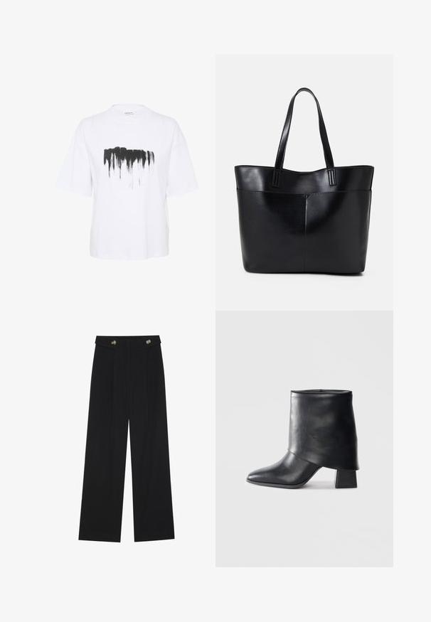 Hvid bomulds t-shirt med en løs pasform, der har et sort penselstrøgs-print på brystet og korte ærmer.; Sorte vide bukser med høj talje, knapdetaljer på taljebåndet og frontfald.; Sort læder ankelstøvle med spids tå, glat tekstur og en struktureret blokhæl. Har et højt, foldet kravedesign.; Sort læder tote taske med to lange håndtag, en glat tekstur og en struktureret form. Har en forlommem for ekstra opbevaring.
