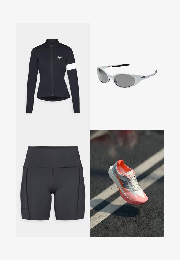 Rapha WOMENS CORE JACKET - Pyöräilypaita - black/white; Mustat korkea vyötäröiset shortsit venyvästä kankaasta, joissa on sivutaskut, tasaiset saumat ja sileä pinta mukavuutta varten aktiviteettien aikana.; Juoksukengät valkoisella ja vaaleanpunaisella päällisellä, jossa on verkkomateriaali, heijastavat yksityiskohdat ja pehmustettu pohja. Kevyt muotoilu suorituskykyä varten.; Valkoiset muoviset aurinkolasit suurilla soikeilla linsseillä, harmaasävyiset. Varusteena mustat korvavarret ja pieni logo kehyksessä. Sileä pinta.