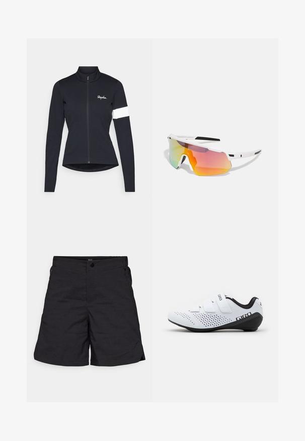 Rapha WOMENS CORE JACKET - Kerékpáros mez - black/white; Fekete rövidnadrág, könnyű anyagból készült, gombos záródással és két oldalsó zsebbel. Egyszerű dizájn, tiszta vonalakkal és minimális részletezéssel.; Fehér kerékpáros cipő három tépőzárral, perforált kialakítással a szellőzés érdekében, fekete részletekkel és karcsú, ívelt formával.; Sweet Protection SHINOBI UNISEX - Napszemüvegek - rig topaz/satin white