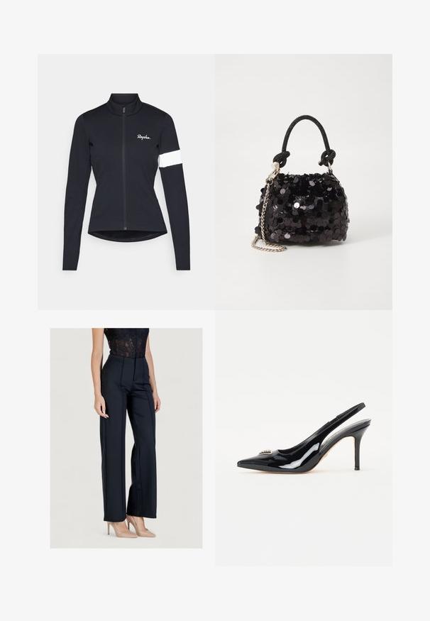 Rapha WOMENS CORE JACKET - Velo krekls - black/white; Melni, augstās jostasvietas bikses ar pielāgotu piegriezumu; pleci, kas iet uz priekšu; gluda auduma virsma; valkā ar nude augstpapēžu kurpēm.; Melni lakoti ādas sēdamo papēžus ar norādītu pirkstu, slaidu stilleta papēdi un dekoratīvu rotājumu uz augšdaļas.; Melna spīguļota mini rokas soma ar mezglotu teksturētu siksniņu un sudraba ķēdi. Apaļa forma ar sakopotām malām un atstarojumu detaļām.