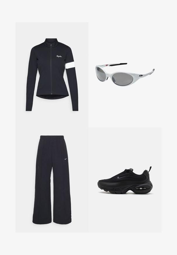 Rapha WOMENS CORE JACKET - Dviratininko marškinėliai - black/white; Juodos plačios kojos kelnės su elastinga liemene ir mažuoju baltu Nike logotipu. Audinys turi lygią tekstūrą, sukurtas patogumui ir kasdieniam nešiojimui.; Juodas sportinis batas su lygiu, tekstūruotu paviršiumi. Turi apvalų nosį, paminkštintą apykaklę ir matomą oro pagalvę padais.; Baltos plastikinės saulės akiniai su dideliais ovaliais objektyvais, pilkai nudažyti. Turime juodas ausis laikančias dalis ir mažą logotipą ant rėmelio. Lygus paviršius.
