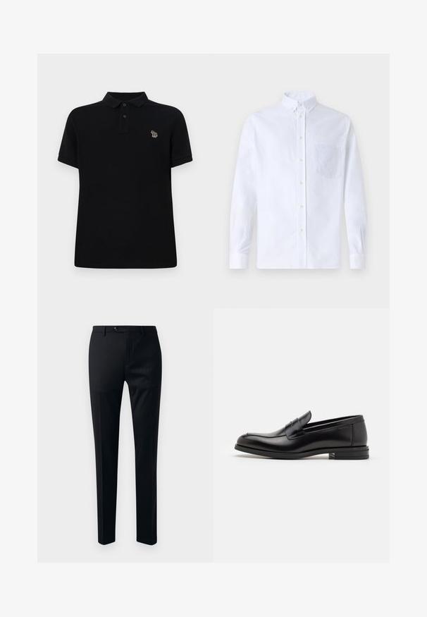Fekete pólóing, pamutból készült. Klasszikus gallérral, háromgombos nyitással, rövid ujjakkal és egy kis, színes hímzett logóval rendelkezik.; Fehér, hosszú ujjú, gombos ing pamutból, mellzsebbel, tónusos hímzéssel, gallérral és gombos mandzsettával.; Fekete öltöny nadrág sima anyagból, szűkített szárú fazonban, egysoros gombos záródással és oldalsó zsebekkel a praktikum érdekében.; Fekete bőr loaferek sima textúrával, kerek orral és dekoratív pánttal a vampnál. Alacsony, rétegelt sarkú, minimalista dizájn.
