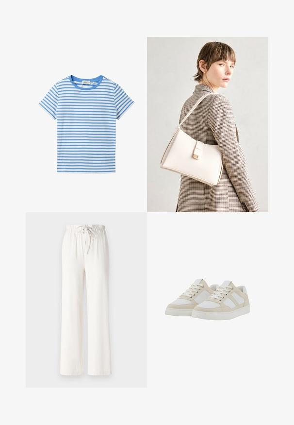 TOM TAILOR DENIM TMODERN STRIPE - Potiskana majica - white mid blue stripe; Bele široke hlače iz mehkega materiala, z elastičnim pasom in gladko teksturo. Brez vzorcev ali okrasnih dodatkov.; Bež in bela teniska obutev z teksturiranim zgornjim delom, vezalkami in oblazinjenim ovratnikom. Ima tri bele stranske črte in gumijast podplat.; Bela usnjena torba s strukturirano zasnovo, opremljena z magnetnim zapiranjem in naramnico, prikazana na nevtralni ozadju.