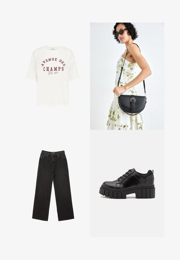 Hvid t-shirt med kortærmer lavet af bomuld, med et maroon print der står "AVENUE DES CHAMPS Est. 1975" i en fed skrifttype.; Sorte brede jeans lavet af denim, med små prikkede mønstre, klassisk fem-lomme design og en knap- og lynlåslukning.; Sorte læder platform sko med en klodset blokhæl, rund tå og traditionelt snøredesign. Har en glat tekstur og minimal detaljering.; Sort læderhåndtaske med en buet form, aftagelig rem og guldfinish. Tasken har en klap med en spænde detalje.; Guldtonet armbånd med sammenflettede metalliske bånd med en glat, poleret finish og åben design. Let og minimalistisk.