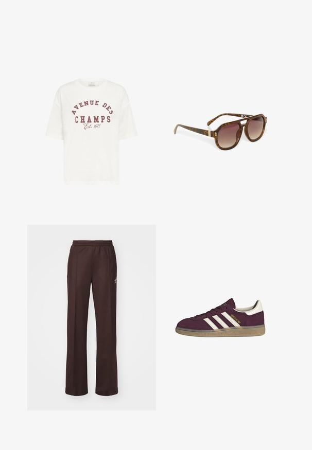 Valkoinen lyhythihainen t-paita, joka on valmistettu puuvillasta, ja jossa on viininpunainen printti, jossa lukee "AVENUE DES CHAMPS Est. 1975" näyttävällä fontilla.; Ruskeat urheiluhousut, joissa on joustava vyötärö, kaksi sivutaskua ja pieni logo vasemmalla puolella, valmistettu pehmeästä kankaasta.; Viininpunaiset mokkasneakerit, joissa on valkoiset kolme raitaa ja vaaleanbeigeä yksityiskohtia. Varustettu teksturoitulla kumipohjalla ja kultaisella brändäyksellä sivussa.; Kuvioherät aurinkolasit, joissa on gradienttilinssit, kulmikkaat muodot ja kultaiset yksityiskohdat varsissa, joissa on tyylikäs ja kiiltävä pinta.; Vaaleanpunainen nahkakäsilaukku, jossa on kaareva läppä, kultaiset yksityiskohdat ja irrotettava olkahihna, jossa on ketjuyksityiskohta. Tasainen pinta ja tarkka tikkaus.