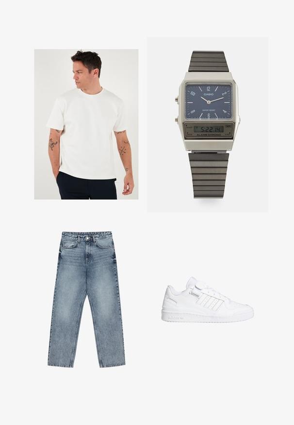 Balta marškinėlių su apvaliu kaklu, trumpomis rankovėmis, lygaus paviršiaus. Derinami su tamsiomis kelnėmis, ant rankų matomos tatuiruotės.; Šviesiai mėlynos džinsinės kelnės su tiesiu kelnės siluetu, matomomis siūlėmis, penkių kišenių dizainu ir mygtuko uždarymu juosmens srityje.; Balti sportiniai kedai su lygia odine viršūne, perforuota toe, trimis dryželiais akcentais ir Velcro dirželiu. Guminis padas su prekės ženklu.; Casio skaitmeninis laikrodis su mėlynu ciferblatu, sidabriniu korpusu ir sluoksniuota juoda gumine apyranke. Rodo laiką ir budinimo nustatymus. Atsparus vandeniui.