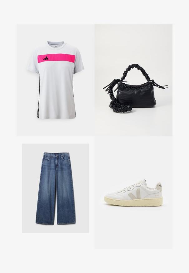 Camiseta deportiva blanca con una franja horizontal rosa en el pecho, logo negro de adidas y acentos laterales negros. Mangas cortas, diseño de cuello redondo.; Jeans de mezclilla azul de pierna ancha con un acabado desgastado, que cuentan con un cierre de botón y cremallera, cinco bolsillos y cinturas.; Zapatilla de piel blanca con acentos de ante beige, caja de puntera perforada, cordones planos y suela texturizada en color crema. Cuenta con un branding sutil en el talón.; Bolso de mano de imitación cuero negro con textura de cocodrilo, parte superior fruncida y correa arrugada. Presenta un diseño suave y compacto.