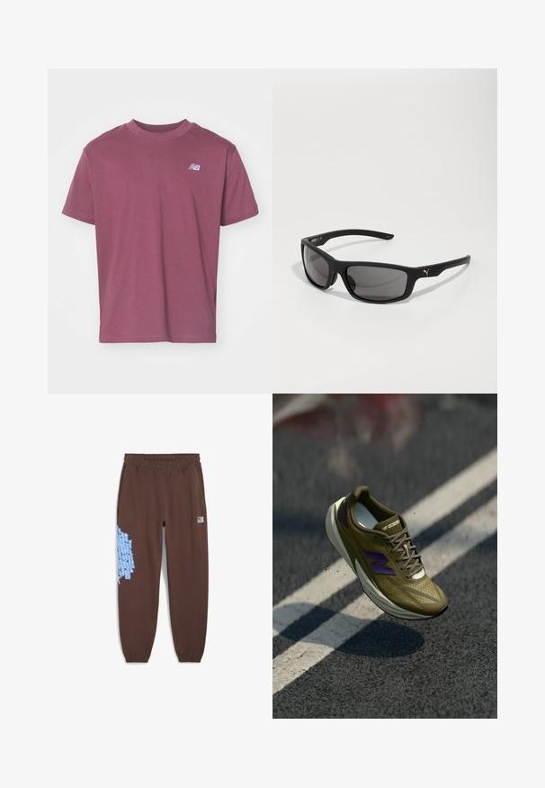 Tričko s krátkým rukávem a klasickým výstřihem v hluboké švestkové barvě. Vyrobeno z měkké bavlny s malým logem na levé straně hrudi. Hladká textura.; Hnědé joggingové kalhoty s elastickým pasem, s modrým grafickým textem na levé nohavici a malou nášivkou loga na pravém boku.; Olivově zelené běžecké boty s prodyšným síťovaným svrškem, fialovými akcenty, reflexním logem a lehkou podrážkou. Obsahují texturované tkaničky.; Černé sluneční brýle s matným povrchem, obdélníkovými skly a výrazným logem na straně. Polarizační skla, UV ochrana.