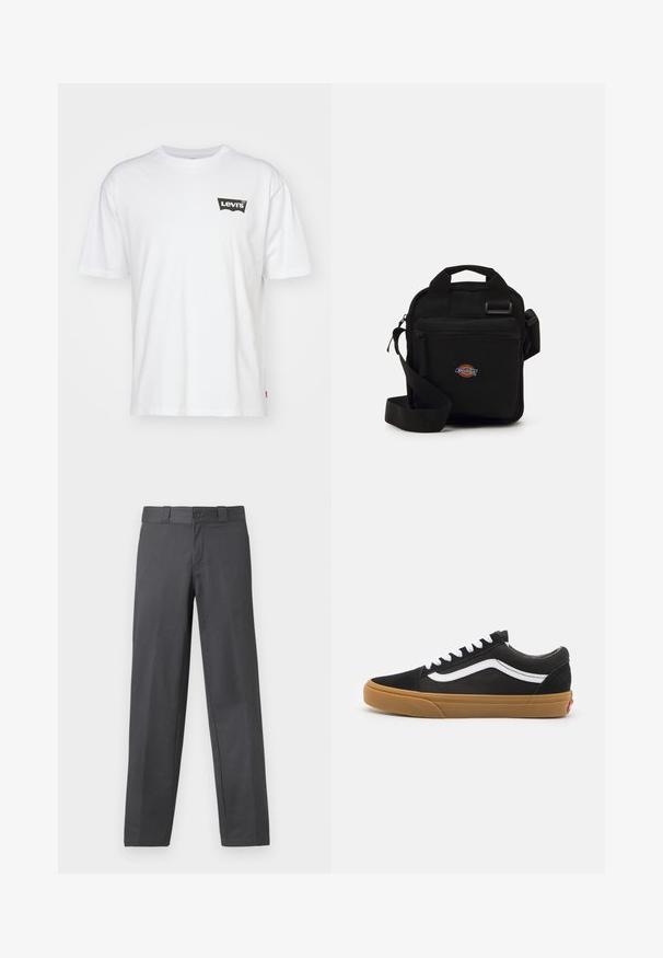Levi's® VINTAGE FIT GRAPHIC - T-shirt med print - white; Grå byxor i slät väv, med raka ben, knappstängning och bälteshällor; minimala sömmar och inga mönster.; Svarta mockaskor med vit sidostrimma, vita snören och klibbig gummisula. Klassisk lågdesign med texturerade detaljer och rund tå.; Svart tvärs över kroppen-väska med ett dragkedjefack, rektangulär form, tillverkad av tyg, med en logotypapplikation på framsidan, justerbar axelrem.