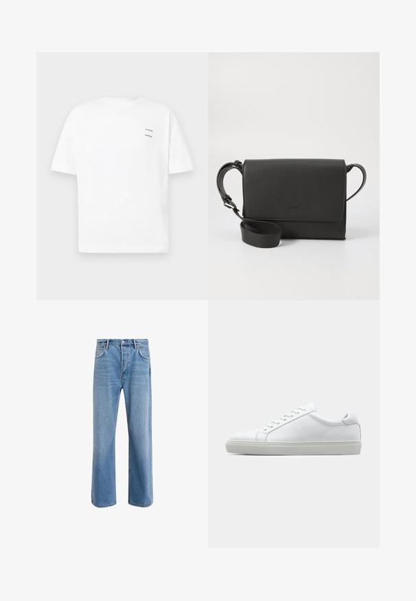 Biely bavlnený tričko s voľným strihom, krátkymi rukávmi a výstrihom do V. Obsahuje dva malé čierne potlačené logá na ľavej strane.; Svetlo modré denimové džínsy so strihom rovného nohu, päť vreciek, zapínanie na gombík, minimálne vyblednutie a kontrastné švy.; Biele tenisky s hladkým koženým zvrškom a nízkym profilom. Majú zaoblenú špičku, šesť očiek a štruktúrovanú gumovú podrážku.; Čierna kožená crossbody taška s textúrovaným povrchom, obdĺžnikového tvaru, so zakrývacím uzáverom, nastaviteľným popruhom a jemným logom.