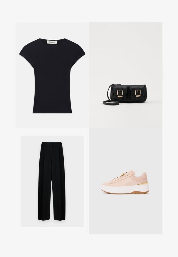 Svart kortärmad topp i mjukt tyg, med rundad halsringning och figurnära passform med subtila axelaccenter. Tagg synlig.; Svarta vida byxor med hög midja, med veck och en slät textur. Tyget ser lätt ut och hänger elegant.; Ljusrosa platåsneaker med texturerad häl, guldfärgade öljetter och vit sula med brunt mönster, sedd från utsidan i sidvy.; Svart läderaxelväska med två framfickor, guldspännen, dragkedjestängning och en smal rem. Texturerad yta och kompakt rektangulär form.