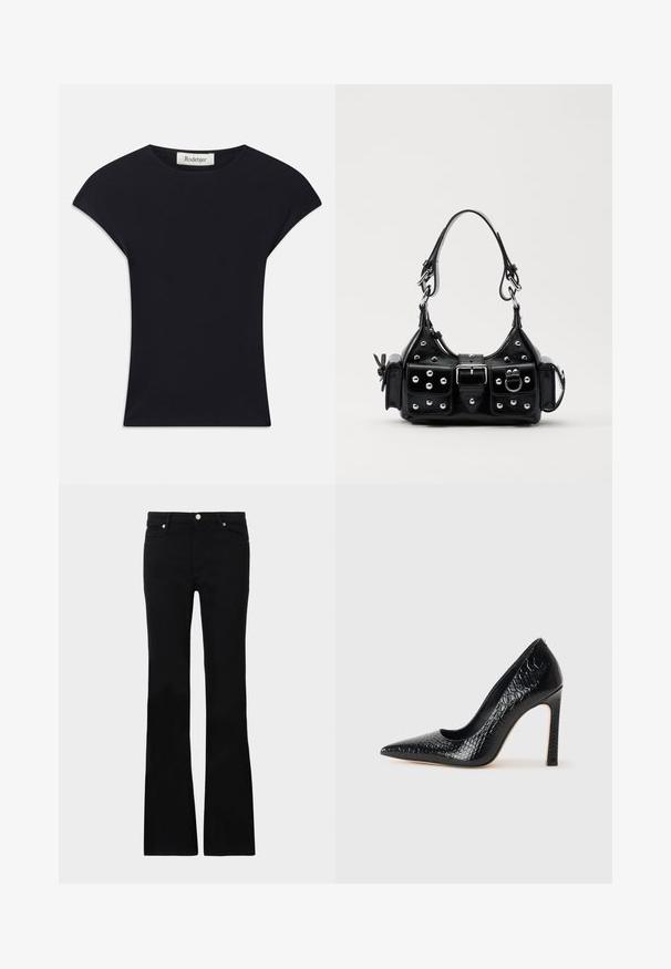 Fekete, rövid ujjú felső, puha anyagból készült, kerek nyakkivágással és testhez simuló fazonnal, finom vállrész részletekkel. Címke látható.; Fekete, bővülő szárú farmernadrág, két elülső zsebből áll, gombos záródással és sima textúrával rendelkezik. A varrásoknál látható a jellegzetes öltés.; Fekete hegyes orrú magassarkú cipő krokodilbőr textúrával, letisztult dizájnnal, magas tűsarkú és sima fekete belső résszel.; Fekete bőr kézitáska ívelt designnal, ezüst szegecsekkel, csattal és két oldalsó zsebbel. Állítható vállpánt a hordozási lehetőségekhez.