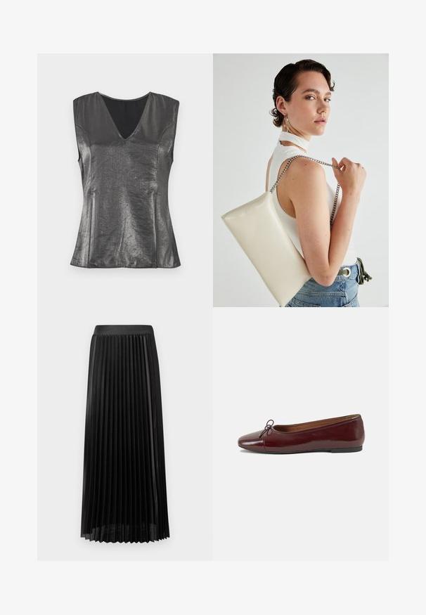 Metallic gray sleeveless top with a V-neckline, smooth texture, and tailored fit. Features subtle side seams and a minimalist design.; Pleated black skirt with a smooth waistband, made of lightweight fabric. Features crisp, vertical pleats and a mid-calf length design.; Burgundy patent leather ballet flat with a rounded toe, small bow accent at the front, and a low, black rubber sole. Smooth texture.; White rectangular clutch bag made of glossy material, featuring a silver chain strap. Model poses, showcasing the bag against a plain background.