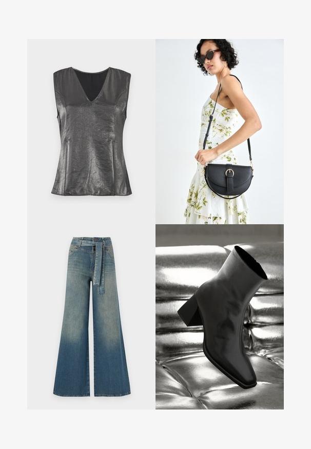 Top senza maniche grigio metallico con scollatura a V, texture liscia e vestibilità sagomata. Presenta cuciture laterali sottili e un design minimalista.; Pantaloni in denim a gamba larga con una sfumatura che va dal blu chiaro al blu scuro, vita alta, passanti per cintura e una cintura in tessuto coordinato. Finitura in denim strutturato.; Stivale alla caviglia nero realizzato in materiale lucido con punta quadrata e tacco affusolato, posizionato su uno sfondo argentato lucido con imbottiture a sfera.; Borsa a tracolla nera in pelle con una forma curva, manico rimovibile e accessori dorati. La borsa presenta una patta con un dettaglio a fibbia.