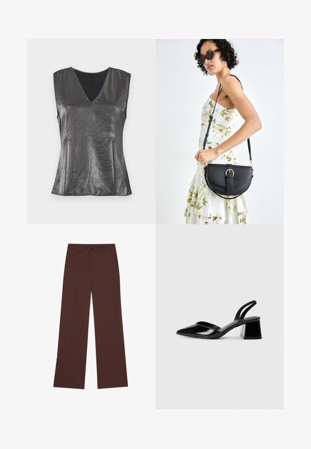 Metallisch graues, ärmelloses Oberteil mit V-Ausschnitt, glatter Textur und tailliertem Schnitt. Verfügt über subtile Seitennähte und ein minimalistisches Design.; Weite Hose aus einem hochwertigen braunen Stoff. Mit einem Knopfverschluss, zwei frontalen Taschen, glatter Textur und klaren Linien.; Schwarze Lackleder-Slingback-High Heels mit spitzem Schuh und einem geometrischen Blockabsatz. Verfügt über ein schlankes, minimalistisches Design und eine glatte Textur.; Schwarze Lederhandtasche mit geschwungener Form, abnehmbarem Tragegurt und goldenen Beschlägen. Die Tasche verfügt über einen Deckel mit einer Schnallen-Details.