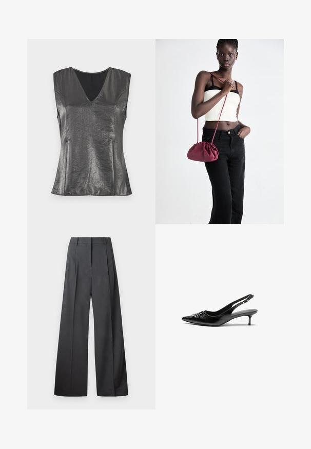Metallisch grijze mouwloze top met een V-halslijn, een gladde textuur en een op maat gemaakte pasvorm. Heeft subtiele zijnaad en een minimalistisch ontwerp.; Wijde broek in donkergrijze stof, met een hoge taille, enkele plooien en een gladde textuur met een nette afwerking aan de zoom.; Zwarte leren slingbackhakken met een spitsen neus, lage kittenhak en geplooide details op het bovendeel. Gladde textuur en minimalistisch ontwerp.; Bordeaux zachte stoffen handtas met een geplooid ontwerp en een lange schouderband, crossbody gedragen. Model draagt een witte crop top en zwarte jeans.