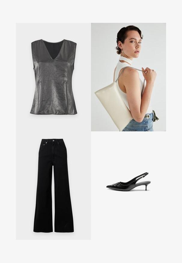 Metallic gray sleeveless top with a V-neckline, smooth texture, and tailored fit. Features subtle side seams and a minimalist design.; Black wide-leg jeans made from denim, featuring a high waist, five pockets, front button closure, and minimal stitching details.; Black leather slingback heels with a pointed toe, small kitten heel, and a decorative knot detail on the front. Smooth texture throughout.; White rectangular clutch bag made of glossy material, featuring a silver chain strap. Model poses, showcasing the bag against a plain background.