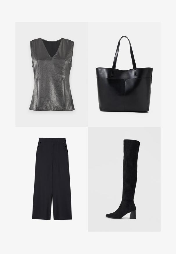 Metallik halli ilma varrukat päeva top, V-kaelusega, sile tekstuur ja kohandatud lõige. Omab peeni külgõmblusi ja minimalistlikku disaini.; Laiad püksid tumesinises kangas, millel on sile tekstuur, ees pleedid ja dekoratiivsed kuldset värvi järgipuuaugud küljetaskutel.; Must must ümberpööratud musta nahast põlve kõrgune saapad blokknõelaga, terava varbaga ja sujuva, õmblusteta disainiga, asetatud heledale taustale.; Must mustaga musta nahast, millel on kaks pikka kanda, sile tekstuur ja struktureeritud kuju. Esipoolsel on lisakoti jaoks tasku.
