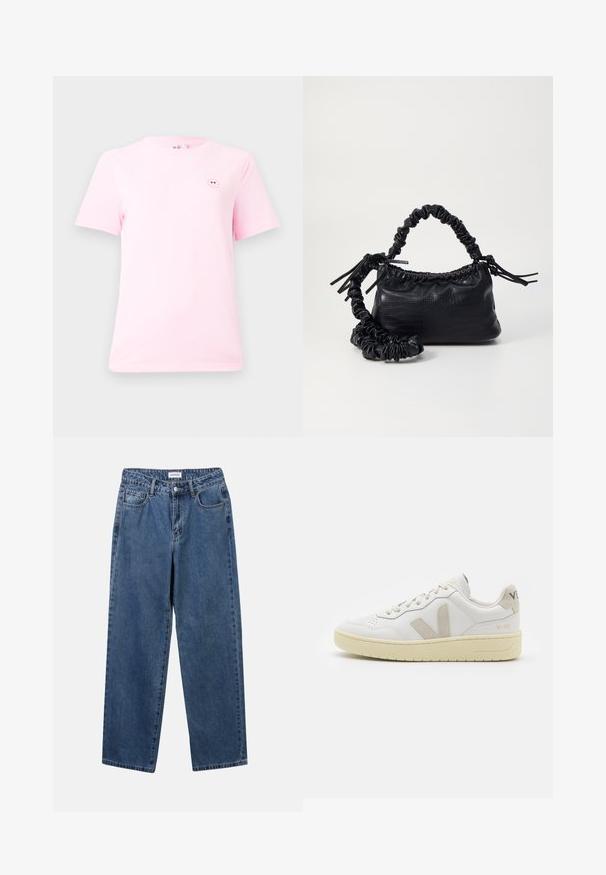 Gaiši rozā īsām piedurknēm T-krekls, izgatavots no kokvilnas, ar mazu apaļu smaida seju grafiku kreisajā krūtī. Mīksta tekstūra un standarta piegriezums.; Klasiskie zili džinsi ar taisnu kāju dizainu, pieciem kabatām un pogu aizdari. Iezīmējas ar vidēju mazgāšanu un izturīgu tekstūru.; Baltas ādas sporta apavu pāris ar bēšiem zamša akcentiem, caurumiņu purngalā, plakanu šņorēšanu un teksturētu krēmkrāsas zoli. Iezīmējas ar diskrētu zīmolu uz papēža.; Melnā mākslīgās ādas rokassoma ar krokodila rakstu, savilkta augšdaļa un saburzīta siksna. Izskatās mīksta un kompakta pēc dizaina.