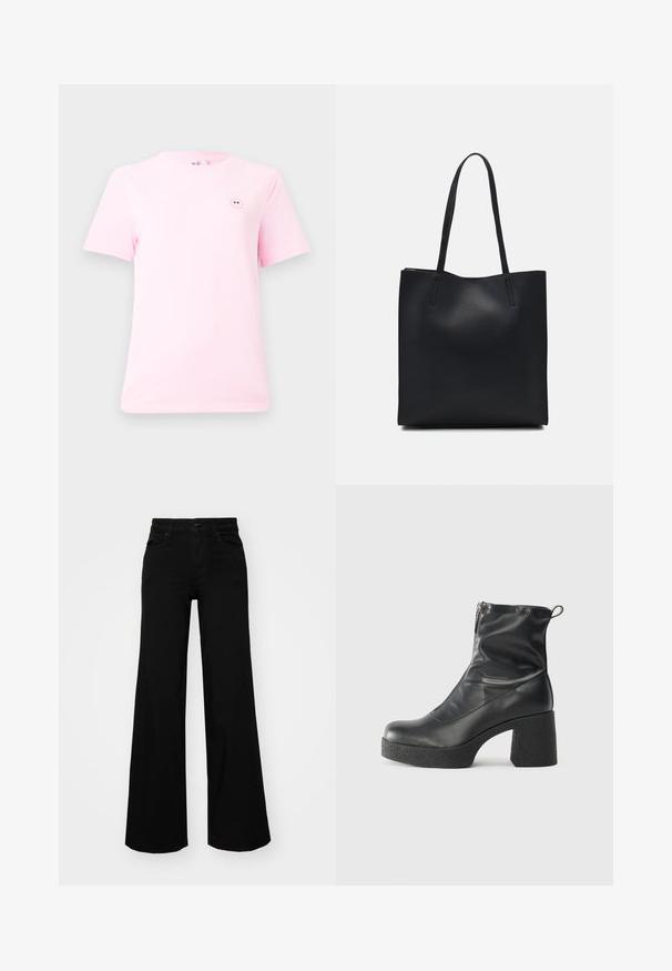 T-shirt de manga curta rosa claro, em algodão, com um pequeno gráfico de uma carinha sorridente no lado esquerdo do peito. Com um toque suave e ajustamento padrão.; Calças largas pretas em denim, com uma cintura estruturada, passantes para cinto e bolsos frontais. Textura suave com um design clássico.; Botas de tornozelo pretas feitas de couro liso, com fecho lateral, salto grosso texturizado e design de bico arredondado.; Bolsa tote preta em couro com textura lisa, forma retangular e duas alças longas. Sem hardware ou enfeites visíveis.
