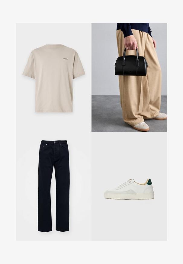 Béžové bavlněné tričko s krátkým rukávem a kulatým výstřihem. Na horní levé části hrudníku má malé vyšívané logo "CLOSED".; Černé džíny z denimu se střihem rovného slim, s knoflíkovým a zipovým zapínáním, pěti kapsami a tónovým prošíváním.; Bílé tenisky se semišovými prvky, kulatou špičkou, plochými tkaničkami a krémovou gumovou podrážkou. Na patě mají zelené logo.; Černá kožená kabelka se strukturovaným designem, dvojitými uchy, jemnými švy a zlatým logem. Kombinována s béžovými kalhotami s širokými nohavicemi.