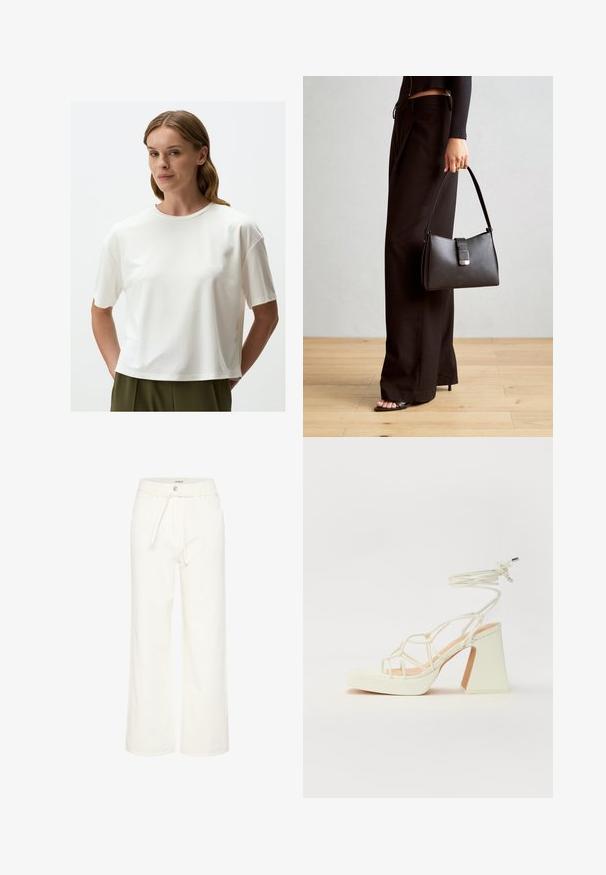 Jimmy Key Basic T-shirt - ecru; White wide-leg pants made of textured fabric, featuring a drawstring waist, front pockets, and a button closure.; White high-heeled sandal with a chunky heel, featuring a strappy design and ankle tie. Smooth texture with a platform front for added height.; Black handbag with structured shape, smooth texture, and a metallic clasp. Paired with wide black pants and open-toe sandals on wooden floor.