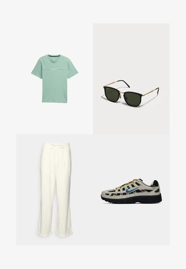 Šviesiai žalia marškinėlių su trumpomis rankovėmis ir apvalia iškirpte, pagaminti iš minkštos medžiagos. Ant krūtinės yra silpnas logotipas.; Neryškios baltos lino kelnės su raišteliu liemens srityje, šiek tiek plačiomis kojomis ir sukniustais mankštiniais kraštais, suteikiančiais laisvą prigludimą. Be kišenių.; Bežiniai ir juodi Nike P-6000 sportbačiai su mėlynu swoosh, geltonomis raištelėmis, juodu padu ir Cordura audinio etikete ant kulno.; Juodos katės akies formos akiniai su žaliais lęšiais, auksinėmis metalinėmis akcentais ir plonomis juodomis šakėmis. Tekstūruotas rėmas su drąsiu, geometriniu dizainu.