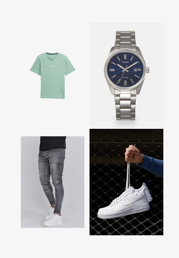 Heled roheline T-särk pehmest kangast, lühikeste varrukatega ja ümmarguse kaelusega. Rinna kohal on nõrgalt väljatrükitud logo.; Kitsad teksad tuhmhall denimil, millel on kulunud detailid põlvedes, koos valgete tossudega. Sile tekstuur, kitsas lõige.; Valged nahast tennisetossud, millel on perforatsioonid, ümar nina, lame tallus ja paksud nöörid, nähtava swooshi logoga ja "AIR" kontsadel.; Hõbedane roostevabast terasest käekell, tumesinise lõpliku, metallsete tuntud numbrite ja kuupäevanäidikuga kell 3 juures. Veekindel kuni 50 meetrit.