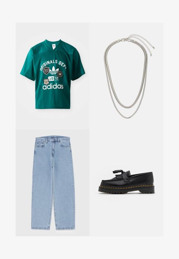 Tyrkysový sportovní dres ze síťoviny s V-krkem, krátkými rukávy a grafickými nášivkami, včetně nápisů "ORIGINALS DEPT." a "1972" v bílé barvě.; Světle modré džíny s rovnými nohavicemi, středním pasem, pěti kapsami a zapínáním na knoflík a zip.; Černé kožené mokasíny s třásněmi, se silnou černou podrážkou a žlutým prošíváním podél okraje. Texturovaný povrch.; Vícevrstvý stříbrný kovový náhrdelník s elegantními, flexibilními řetízky s jemným leskem, zabezpečený karabinkou a nastavitelným řetízkem.
