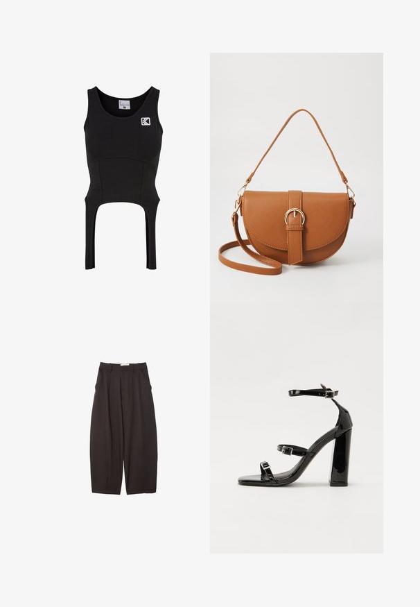 Svart ärmlös crop top i ett mjukt, elastiskt material med en figurnära design. Har en logotyp på bröstet och utskärningar vid nederkanten.; Svarta vida byxor i ett mjukt tyg, med hög midja, framfickor och sidofickor. Enkel design utan utsmyckningar.; Svarta lackerade klacksandaler med fyrkantig tå, ankelremmar och silverfärgade spännen. Har en kraftig blockklack för stabilitet.; Brun läder crossbody-väska med en böjd form, gyllene detaljer och en spänneaccent. Har en avtagbar axelrem.