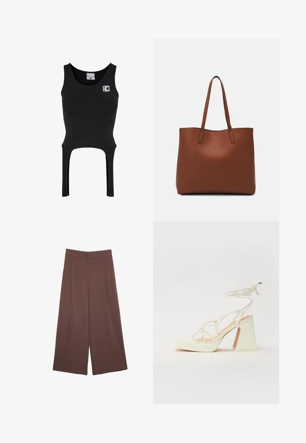 Čierny bezrukávový crop top vyrobený z mäkkej, elastickej tkaniny s priliehavým dizajnom. Má logo na hrudi a výrezové detaily na leme.; Hnedé nohavice so širokými nohavicami a hladkou textúrou, s vysokým pásom a prednými skladmi. Tkanina je ľahká a voľne sa pohybuje.; Biele sandále na vysokom opätku s hrubým podpätkom, s pruhovaným dizajnom a viazaním na členku. Hladký povrch s platformou vpredu pre zvýšenú výšku.; Hnedá kožená taška na rameno s hladkou textúrou, otvoreným vrchom a dvoma ramenými popruhmi. Má minimálne šitia a žiadne viditeľné kovania.