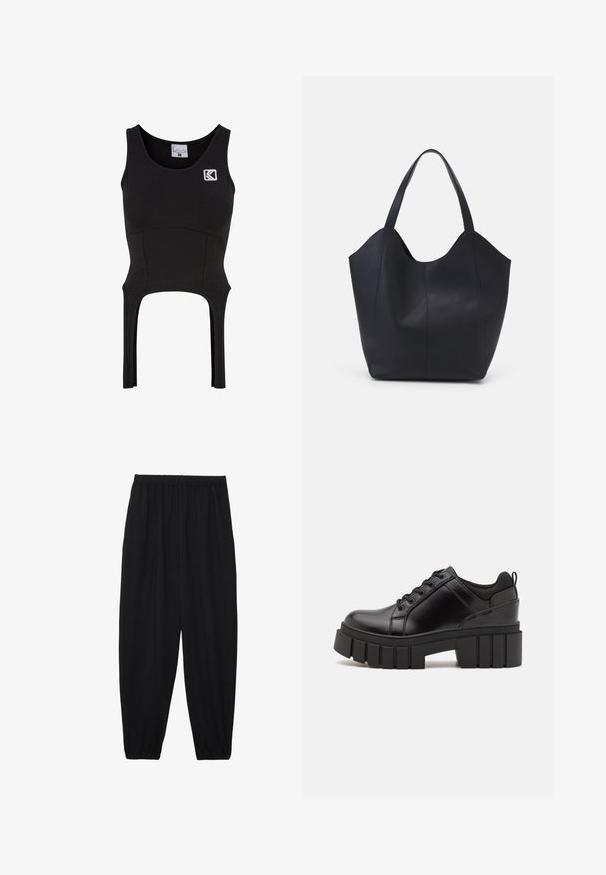 Black sleeveless crop top made of a soft, stretchy fabric with a fitted design. Features a logo on the chest and cut-out detailing at the hem.; Black, lightweight pants with an elastic waistband and gathered ankles. The fabric is smooth and features a relaxed, tapered design.; Black leather platform shoes with a chunky block heel, round toe, and traditional lace-up design. Features smooth texture and minimal detailing.; Black tote bag made of smooth leather, featuring a curved, open top with two shoulder straps and a minimalist design.