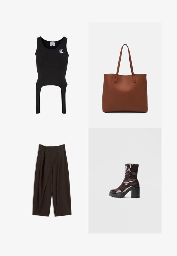 Musta olkaimeton toppi, joka on valmistettu pehmeästä ja joustavasta kankaasta ja siinä on istuva malli. Rinnassa on logo ja helmassa leikkausdetailit.; Tummanruskeat leveälahkeiset housut, joissa on korkea vyötärö, yhden napin sulkea ja pleatattu etuosa. Valmistettu kevyestä kankaasta.; Satea bordeaux berwarna mengkilap dengan tumit hitam tebal, menampilkan tekstur halus dan desain sederhana. Tanpa pengikat atau pola yang terlihat.; Ruskea nahkainen olkalaukku, jossa on sileä pinta, avoin yläosa ja kaksi olkahihnaa. Omaavat vain minimaalisen ompelun eikä näkyvää metalliosaa.