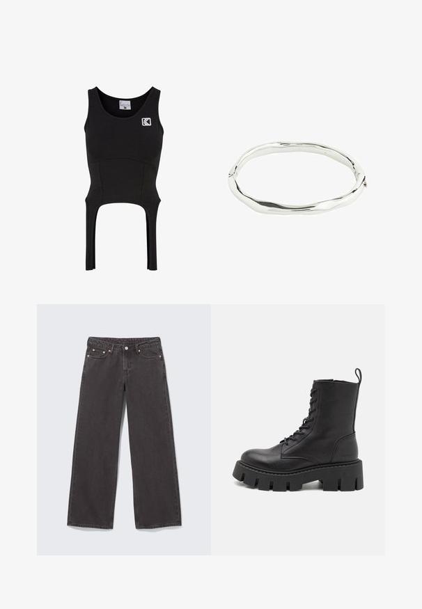 Musta olkaimeton toppi, joka on valmistettu pehmeästä ja joustavasta kankaasta ja siinä on istuva malli. Rinnassa on logo ja helmassa leikkausdetailit.; Leveälahkeiset mustat farkut, joissa kupariset niitit, viisi taskua ja nappikiinnitys. Pehmeä, tukeva materiaali ja suora leikkaus vyötäröstä lahkeensuuhun.; Mustat nahkaiset nilkkasaappaat, joissa on nauhakiinnitys edessä, paksu pohja ja lenkkivetoketju; sileä pinta ja hienovarainen brändäys kantapäällä.; Hohde hopeinen rannekoru, jossa on aaltoileva, epäsäännöllinen muotoilu. Tasainen pinta, joka on kiillotettu ja heijastaa valoa. Pyöreä muoto ilman huomattavia koristeita.