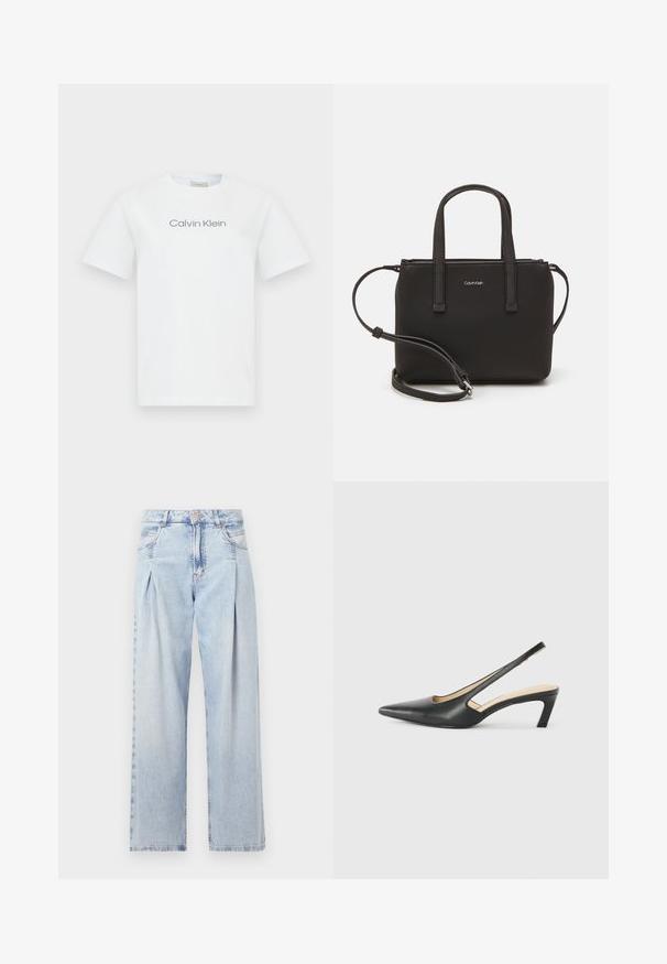 Witte katoen t-shirt met een ronde hals en korte mouwen. Het shirt toont de tekst "Calvin Klein" in grijs over de borst.; Lichtblauwe denim jeans met een hoge taille, wijde pijpen, twee zijzakken en geplooid ontwerp. Zachte textuur met een vervaagd uiterlijk.; Zwarte puntige slingback schoen met een lage hak, gemaakt van soepel leer en voorzien van een uitsnede aan de zijkant voor ventilatie.; Zwarte handtas met dubbele korte handvatten en een afneembare schouderriem. Glad, leerachtig materiaal met een ritssluiting en logo-detail.