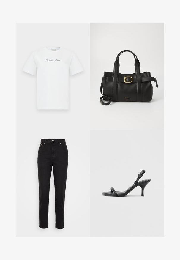 Hvid bomulds t-shirt med rund hals og korte ærmer. Den viser teksten "Calvin Klein" i grå på tværs af brystet.; Sorte højtaljede slim-fit jeans med frontknap, bæltesløjfer og fem-lomme design på hvid baggrund.; Sorte læder højhælede sandaler med en slank, buet hæl og et krydset stropdesign. Justerbar ankelrem. Glat tekstur.; Sort læderhåndtaske med et struktureret design, dobbelte toppegreb, guldtonet spændeaccents og præget logo på forsiden.