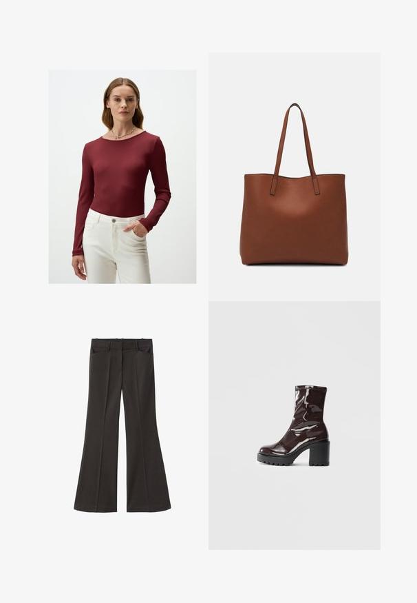 Langsleeve burgundy geribbelde top met ronde hals, gedragen met witte high-waisted broek. De top heeft een strakke pasvorm en een gladde textuur.; Zwarte flared broek met een hoge taille; beschikt over twee voorkeurszakken en een gladde stoftextuur. Geschikt voor verschillende gelegenheden.; Glanzende bordeauxrode enkelboot met een chunky zwarte hak, met een gladde textuur en een eenvoudig ontwerp. Geen zichtbare sluitingen of patronen.; Bruine leren tote bag met een gladde textuur, een ontwerp met een open bovenkant en twee schouderbanden. Kenmerkt zich door minimale stiksels en geen zichtbare hardware.