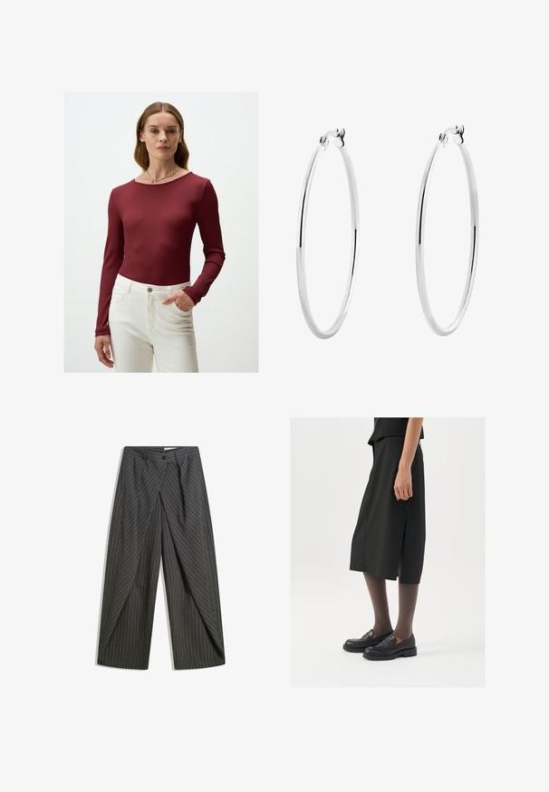 Langärmliges, bordeauxrotes, geripptes Oberteil mit Rundhalsausschnitt, kombiniert mit weißen, hoch taillierten Hosen. Das Oberteil hat ein tailliertes Design und eine glatte Textur.; Graue Nadelstreifenhose mit lockerer Passform, einreihigem Knopfverschluss, Falten und weitem Bein. ; Schwarzer knielanger Rock mit seitlichem Schlitz, kombiniert mit schwarzen Loafers und transparenten braunen Strumpfhosen, aus glattem Stoff und mit einem schlichten Design.; Silberne Creolen mit einer glatten, polierten Oberfläche und einer dünnen, runden Form. Das Design verfügt über einen sicheren Verschluss.