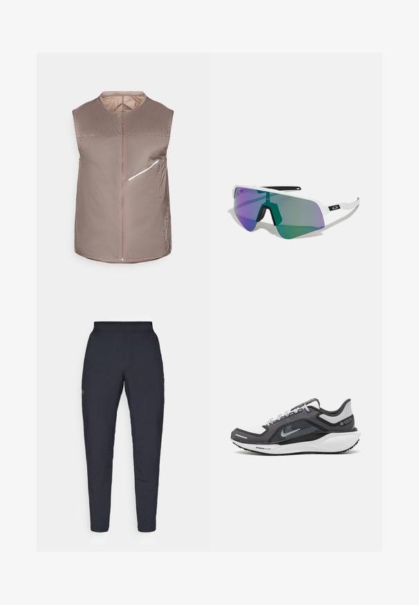 Ärmhållande vadderad väst i taupe, med dragkedja fram, matt finish och en sid ficka med vit dragkedja. Lättviktsmaterial.; Svarta träningsbyxor med en slät yta, slim fit, elastisk midja och sidofickor. Har en liten logotyp på vänstra låret.; Svart och grå atletisk sko med ovandel i mesh, reflexdetaljer och en vit mellansula. Har en strukturerad gummisula och skosnören.; Sportiga solglasögon med vit ram och stora gradiente linser i lila och gröna nyanser; skarp, vinkelrik design med en central näsbro.