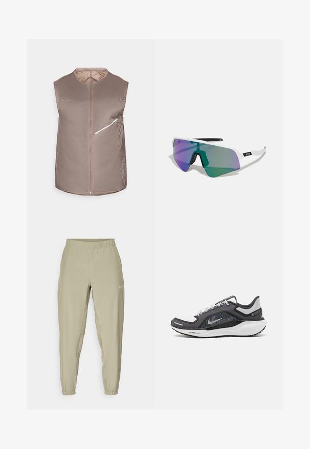 Bezrukávý zateplený vest v taupe barvě, s předním zipem, matným povrchem a boční kapsou s bílým zipem jako akcentem. Lehký materiál.; Světlé béžové joggingové kalhoty s elastickým pasem, manžetovými kotníky a bočními kapsami. Na přední straně se nachází malé bílé logo.; Černá a šedá sportovní obuv s vrškem z prodyšné síťoviny, reflexními akcenty a bílou mezipodešví. Obsahuje texturovanou gumovou podrážku a tkaničky.; Sportovní sluneční brýle s bílým rámem a velkými gradientními skly, které mají fialové a zelené odstíny; ostrý hranatý design s centrálním mostem na nose.
