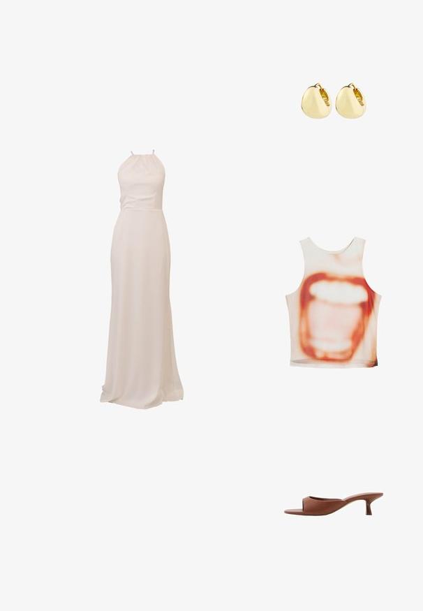 Ärmelloses Oberteil mit einem großen Mund-Design in Beige- und Orangetönen, aus einem glatten Stoff mit lässiger Passform.; Langes, haltertragendes Kleid aus weichem, cremefarbenem Stoff. Glatte Textur, enganliegendes Oberteil und fließender Rock mit leichtem Schleppe. Minimalistisches Design.; Braune offene Absatzmules mit glatter, matter Oberfläche, die ein geschwungenes Design und einen transparenten, verjüngten Absatz aufweisen.; Perlenhandtasche in lebhaften Farben: Pink, Orange, Blau und Braun. Strukturierte Oberfläche mit kreisförmigen Perlen und organischen Formen, stabile Griffe.; Goldene Creolen mit einem glatten, abgerundeten Design; polierte Oberfläche und offene Schließe, mit einer subtilen Naht zum Verschließen.